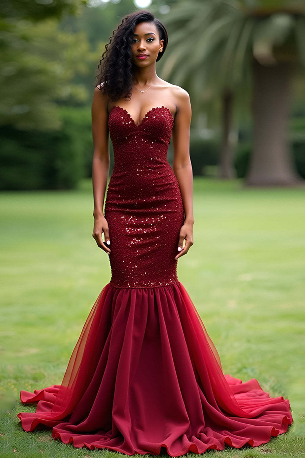 Leely Women Sparkly Burgundy Mermaid Sequined Prom Dress Strapless Sweeheart Backless Military Ball Dress