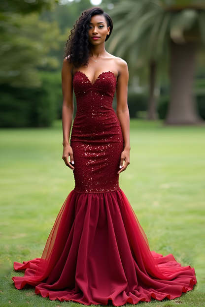 Leely Women Sparkly Burgundy Mermaid Sequined Prom Dress Strapless Sweeheart Backless Military Ball Dress