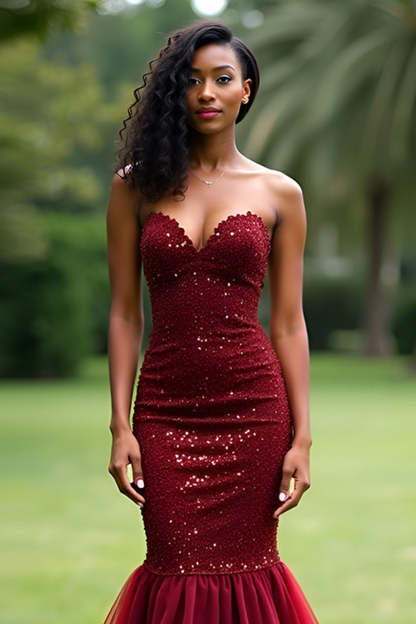 Sparkly Burgundy Mermaid Sweetheart Sequined Backless Prom Dress