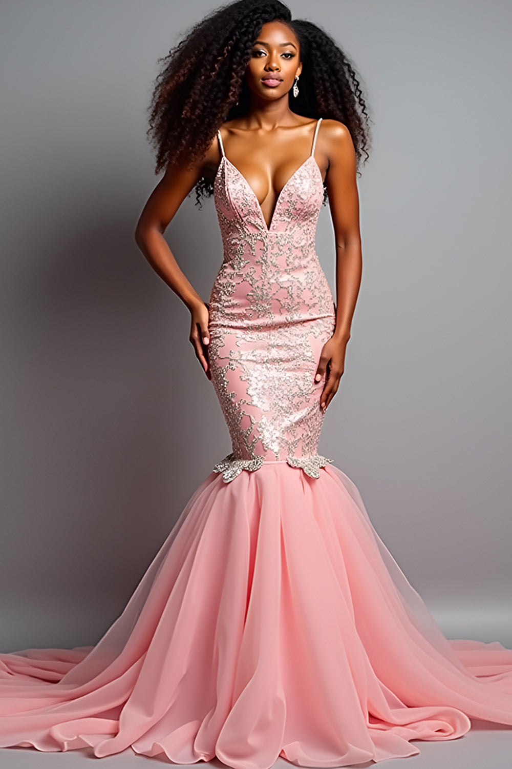 Leely Women Blush Pink Mermaid Long Prom Dress Appliqued V-Neck Spaghetti Straps Formal Dress