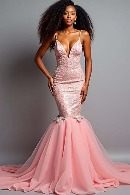 Leely Women Blush Pink Mermaid Long Prom Dress Appliqued V-Neck Spaghetti Straps Formal Dress