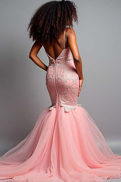 Blush Pink Mermaid Spaghetti Straps Appliqued Long Prom Dress