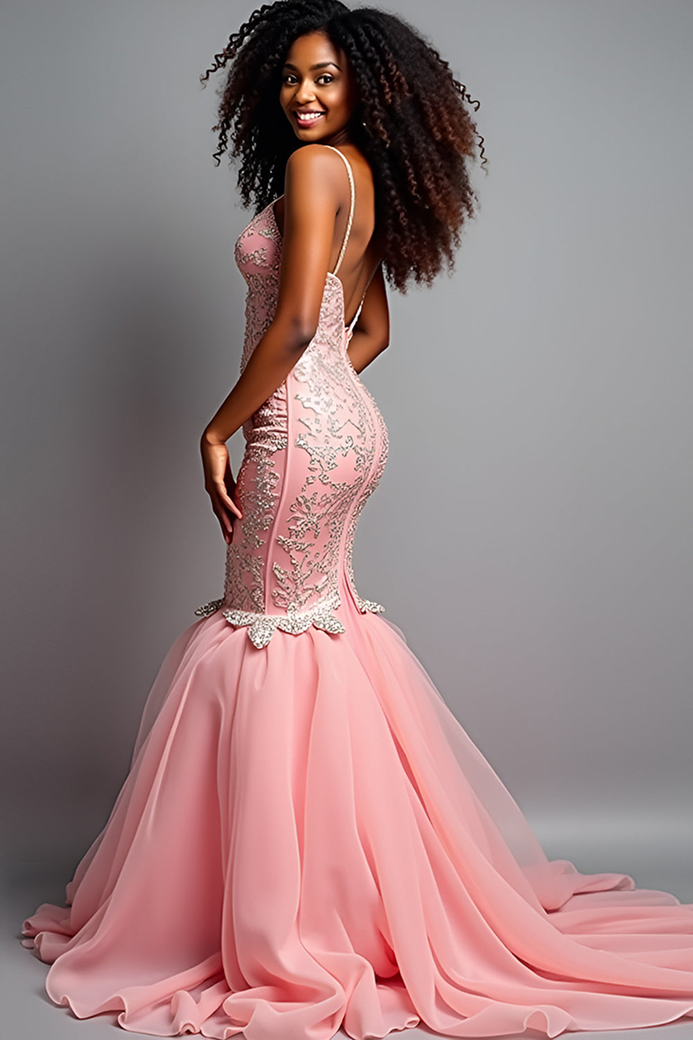 Blush Pink Mermaid Spaghetti Straps Appliqued Long Prom Dress