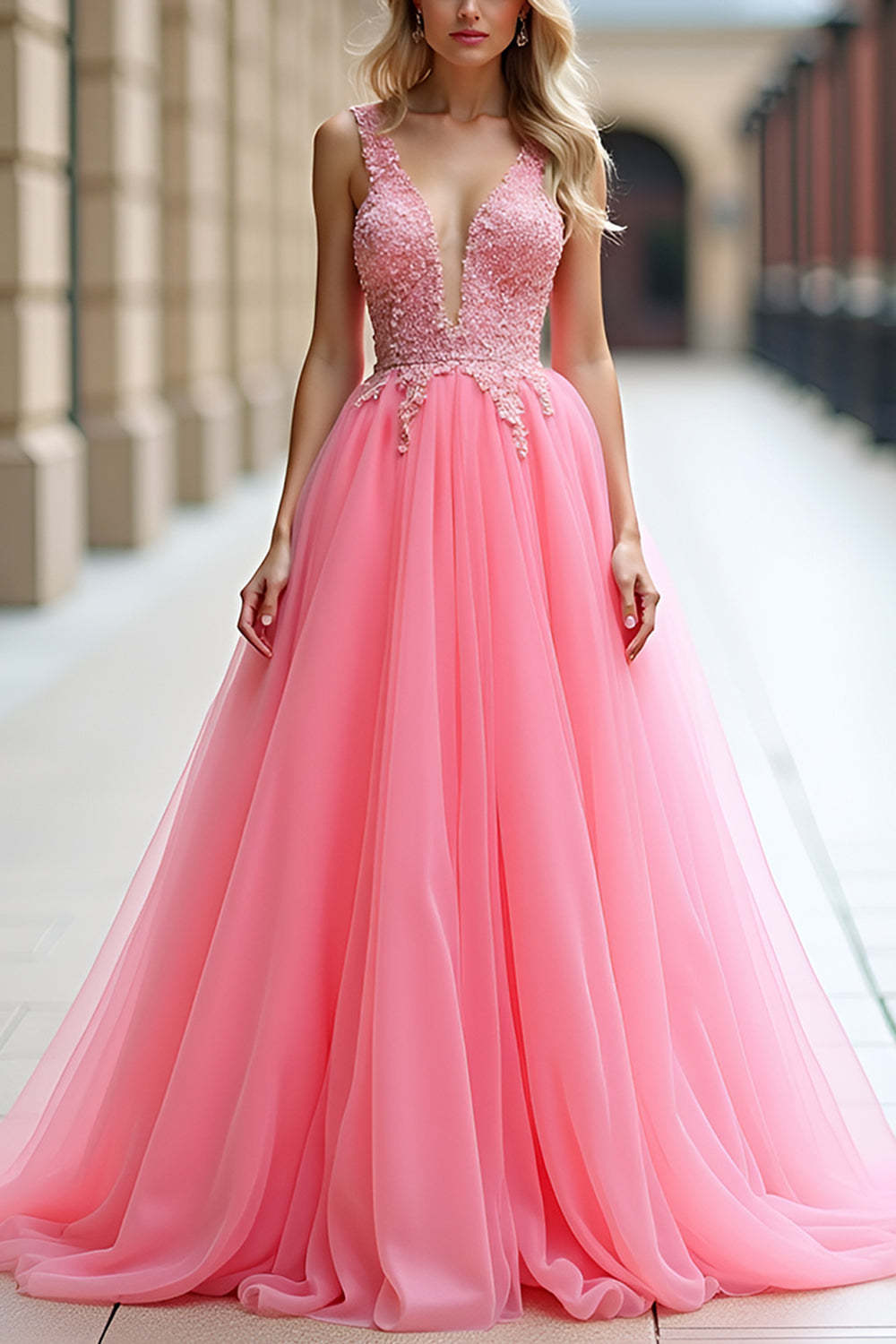 Leely Women Pink Ball Gown Appliqued Long Prom Dress A Line Tulle V-Neck Backless Formal Dress