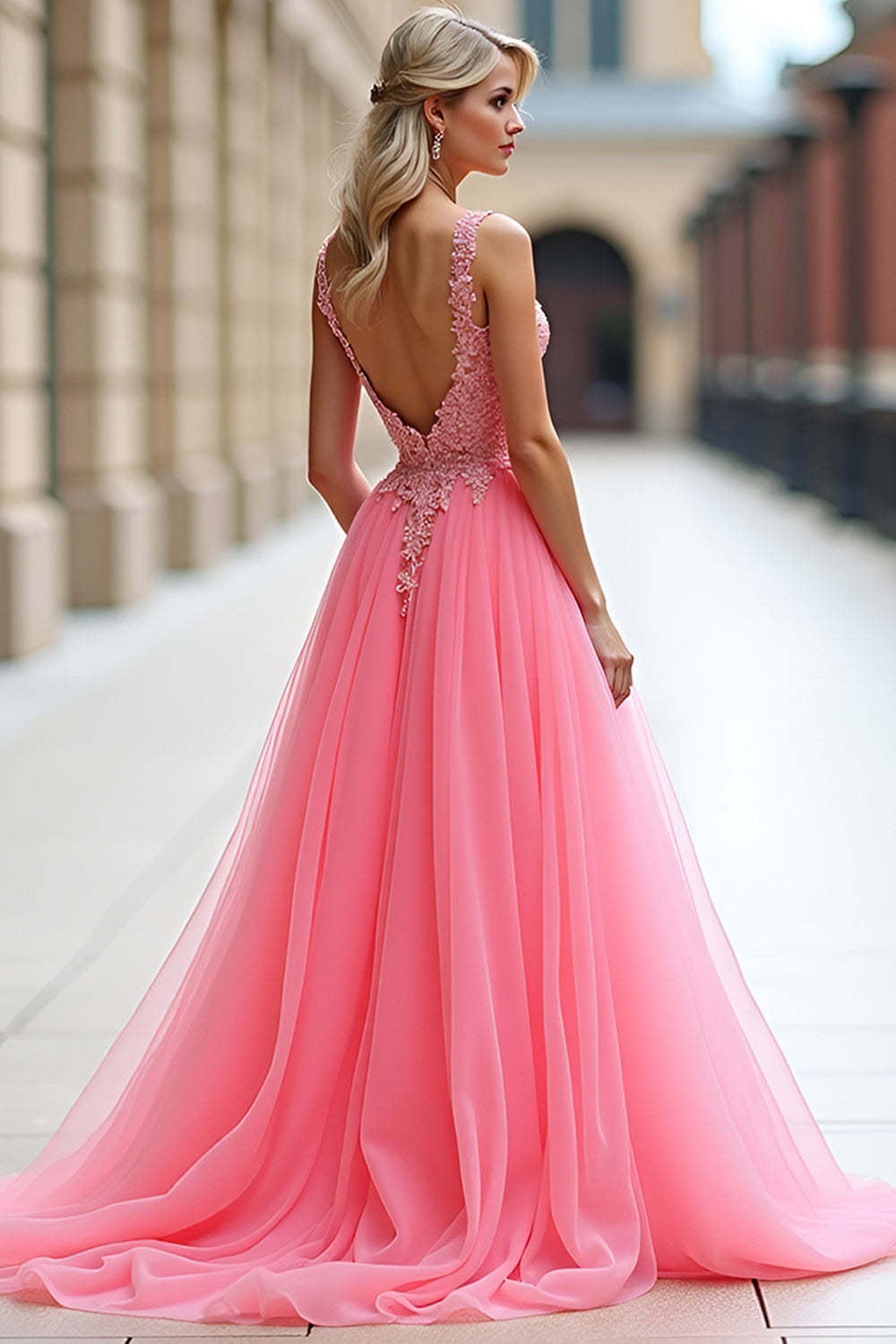 Pink Ball Gown A Line V Neck Appliqued Long Prom Dress