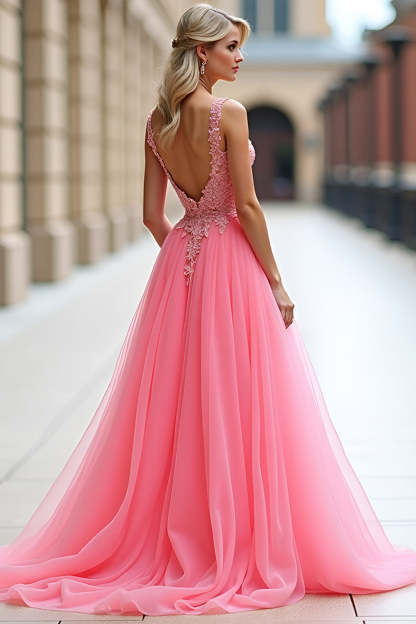 Pink Ball Gown A Line V Neck Appliqued Long Prom Dress