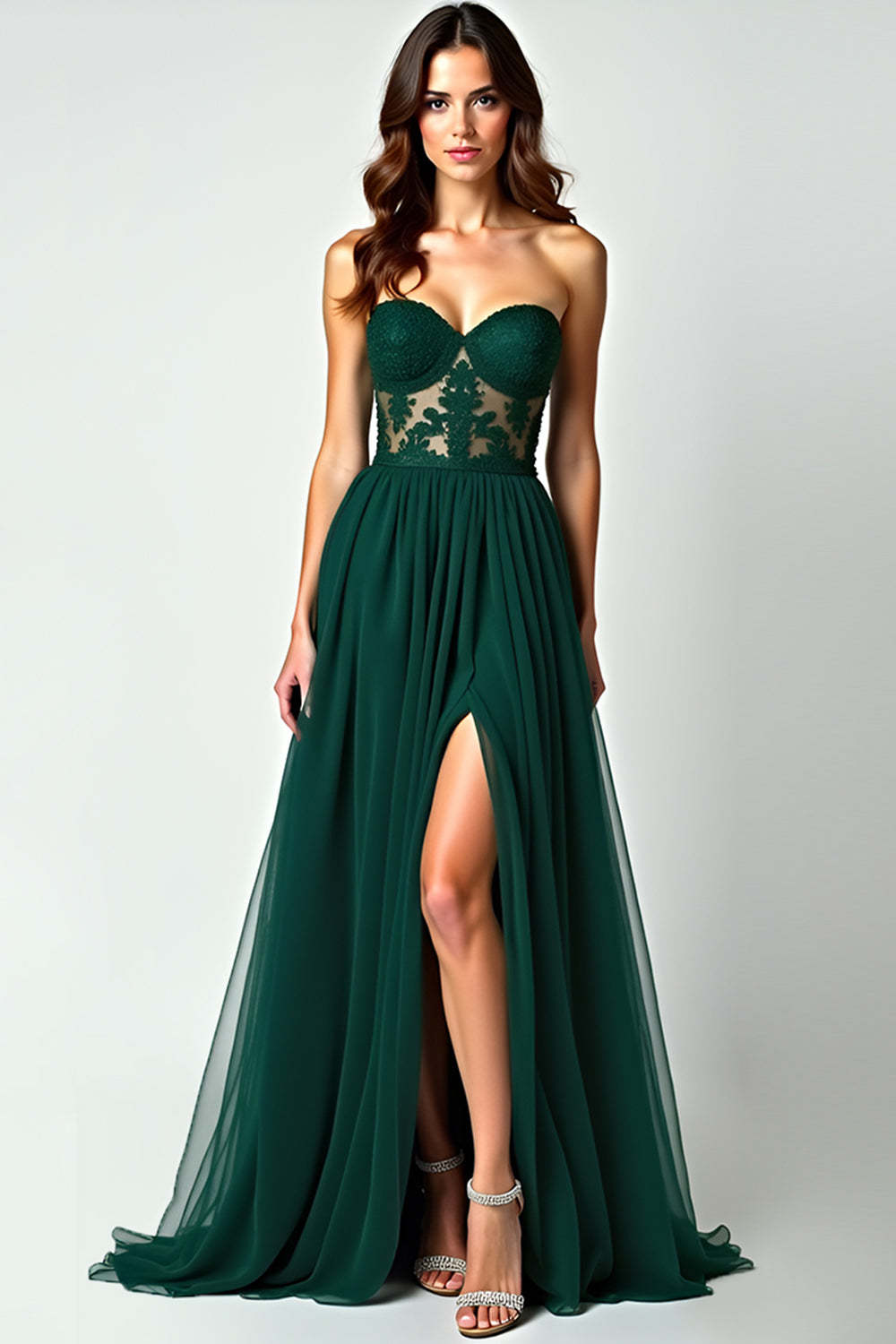 Leely Women Dark Green A Line Corset Long Prom Dress with Slit Appliqued Strapless Sweetheart Formal Dress