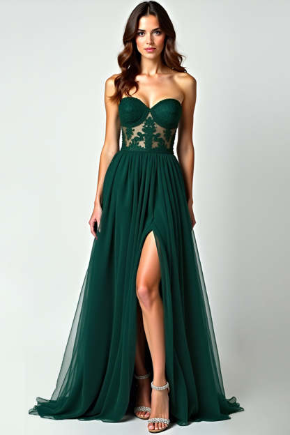 Leely Women Dark Green A Line Corset Long Prom Dress with Slit Appliqued Strapless Sweetheart Formal Dress