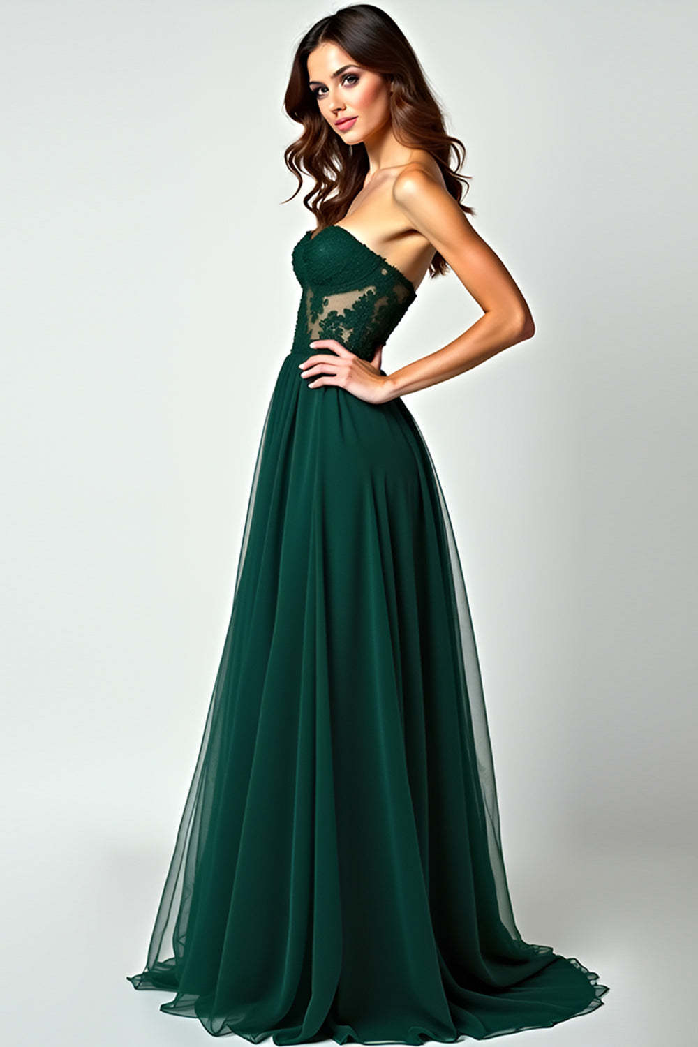 Dark Green A Line Strapless Corset Appliqued Long Prom Dress with Slit