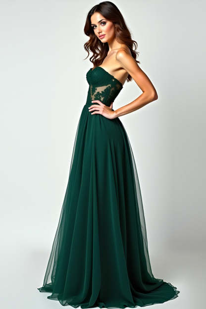 Dark Green A Line Strapless Corset Appliqued Long Prom Dress with Slit