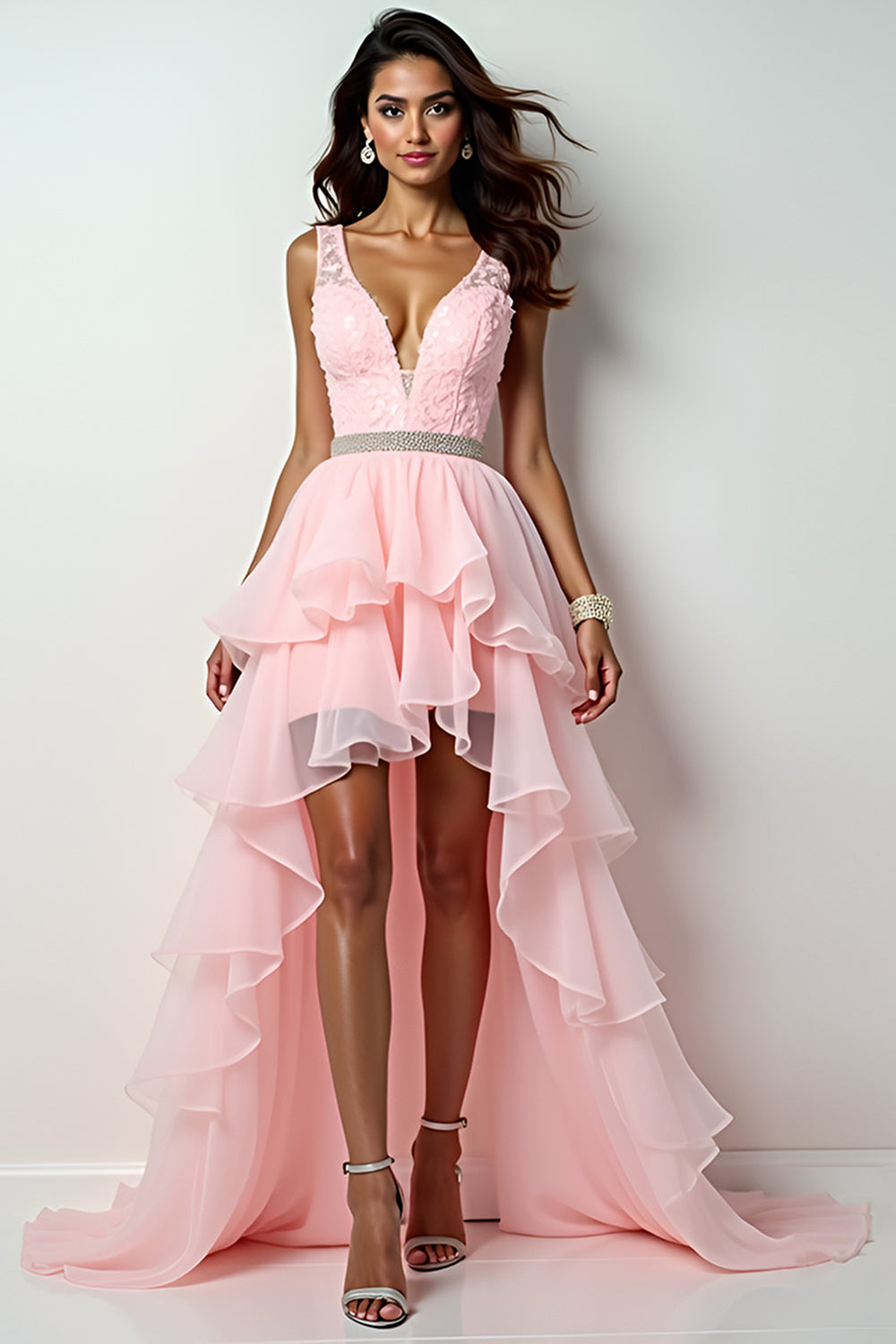Leely Women Blush Pink Ruffled Appliques High Low Prom Dress Backless Sweep Train V-Neck Beaded Formal Dress