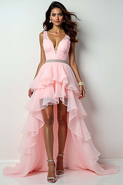 Leely Women Blush Pink Ruffled Appliques High Low Prom Dress Backless Sweep Train V-Neck Beaded Formal Dress