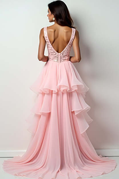 Blush Pink V Neck Ruffled High Low Prom Dress with Beading