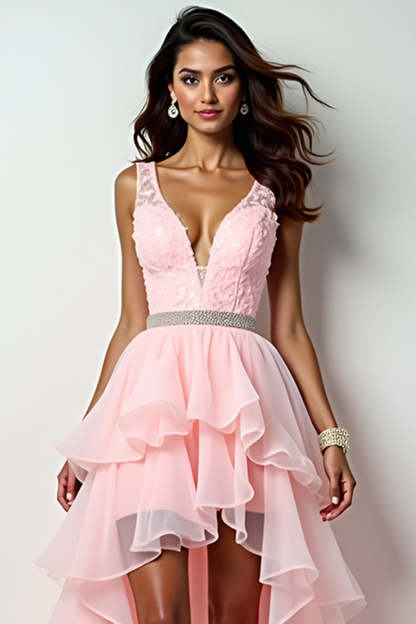 Blush Pink V Neck Ruffled High Low Prom Dress with Beading