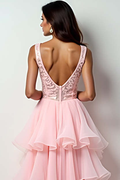 Blush Pink V Neck Ruffled High Low Prom Dress with Beading