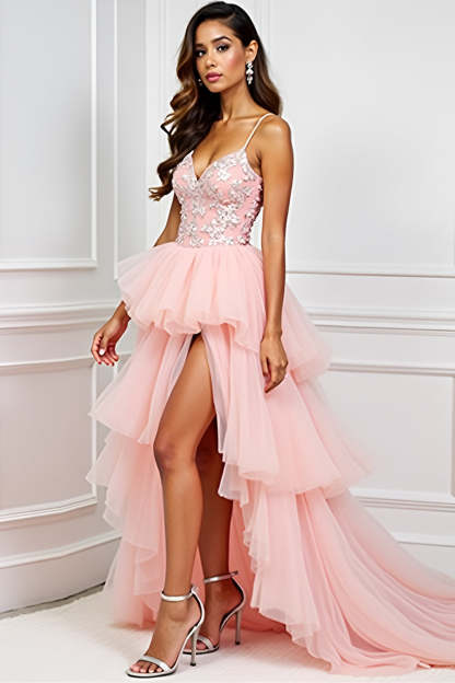 Leely Women Blush Pink Appliqued A Line Long Prom Dress with Slit Tiered Backless V-Neck Spaghetti Straps Formal Dress