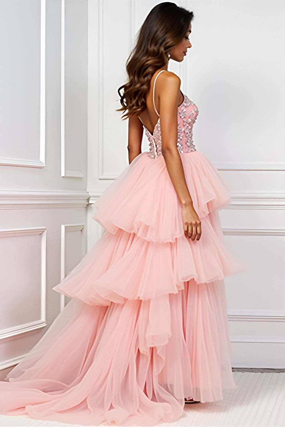 Blush Pink A Line Tiered Sweep Train Long Prom Dress with Slit