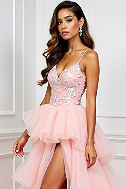 Blush Pink A Line Tiered Sweep Train Long Prom Dress with Slit