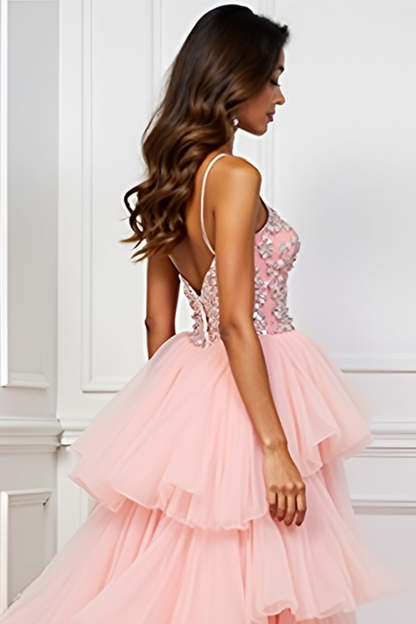 Blush Pink A Line Tiered Sweep Train Long Prom Dress with Slit