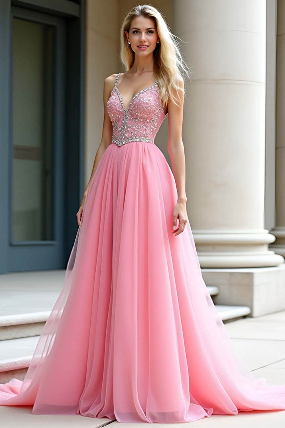 Leely Women Pink A Line Beaded Long Prom Dress V-Neck Spaghetti Straps Backless Formal Dress