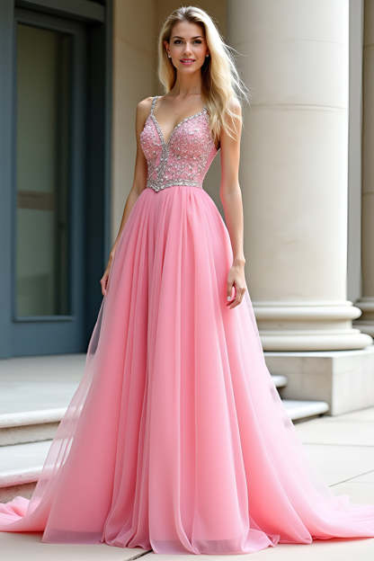 Leely Women Pink A Line Beaded Long Prom Dress V-Neck Spaghetti Straps Backless Formal Dress