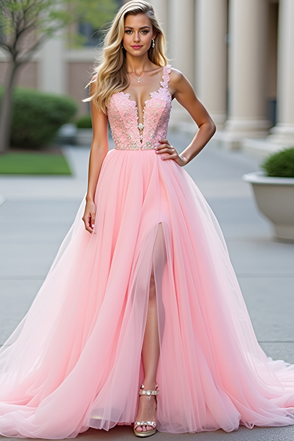 Leely Women Princess Blush Pink Appliqued A Line Prom Dress with Slit V-Neck Ball Gown Formal Dress