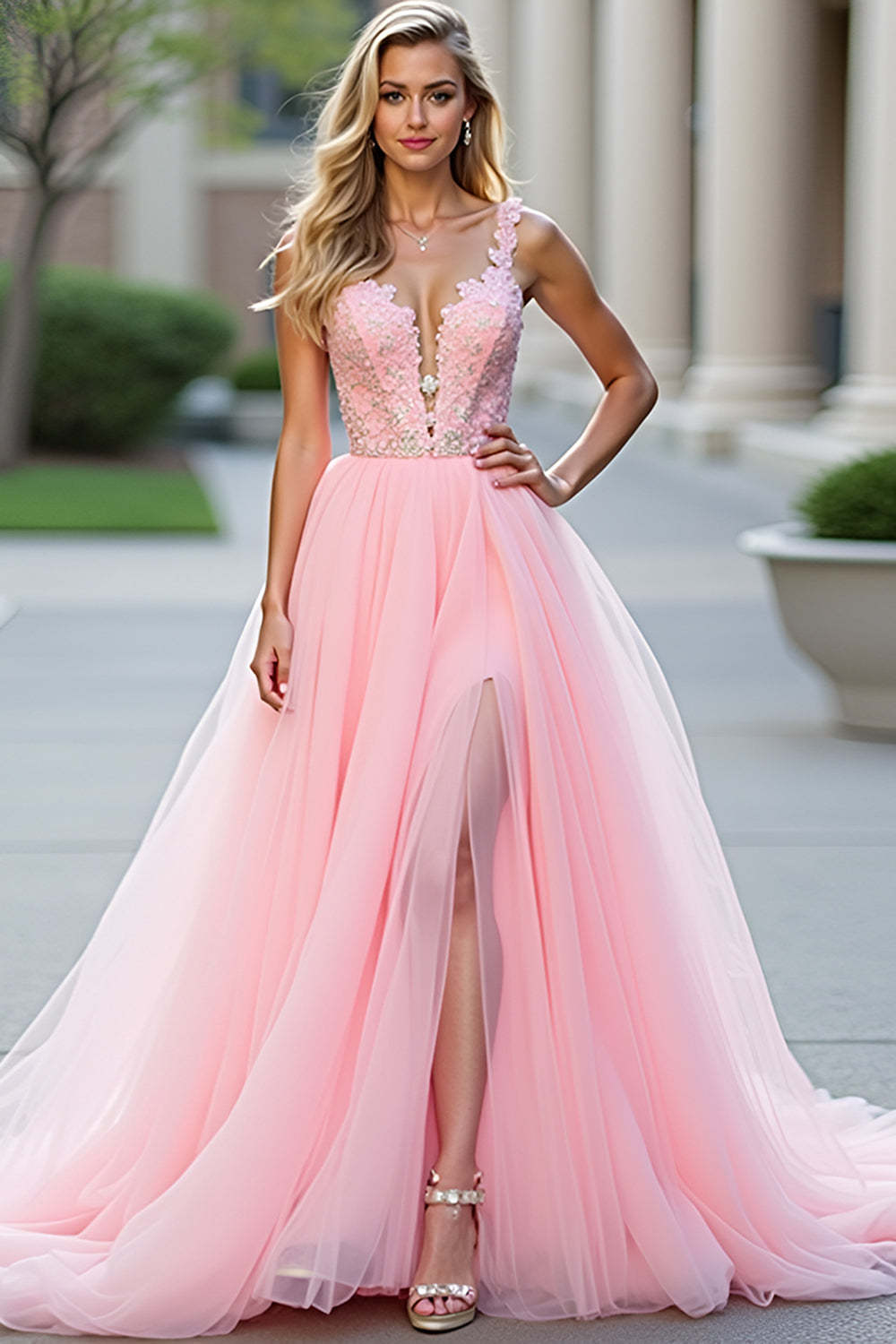 Leely Women Princess Blush Pink Appliqued A Line Prom Dress with Slit V-Neck Ball Gown Formal Dress