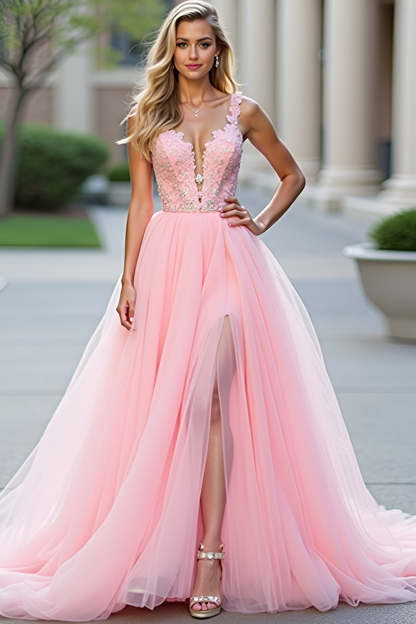 Leely Women Princess Blush Pink Appliqued A Line Prom Dress with Slit V-Neck Ball Gown Formal Dress