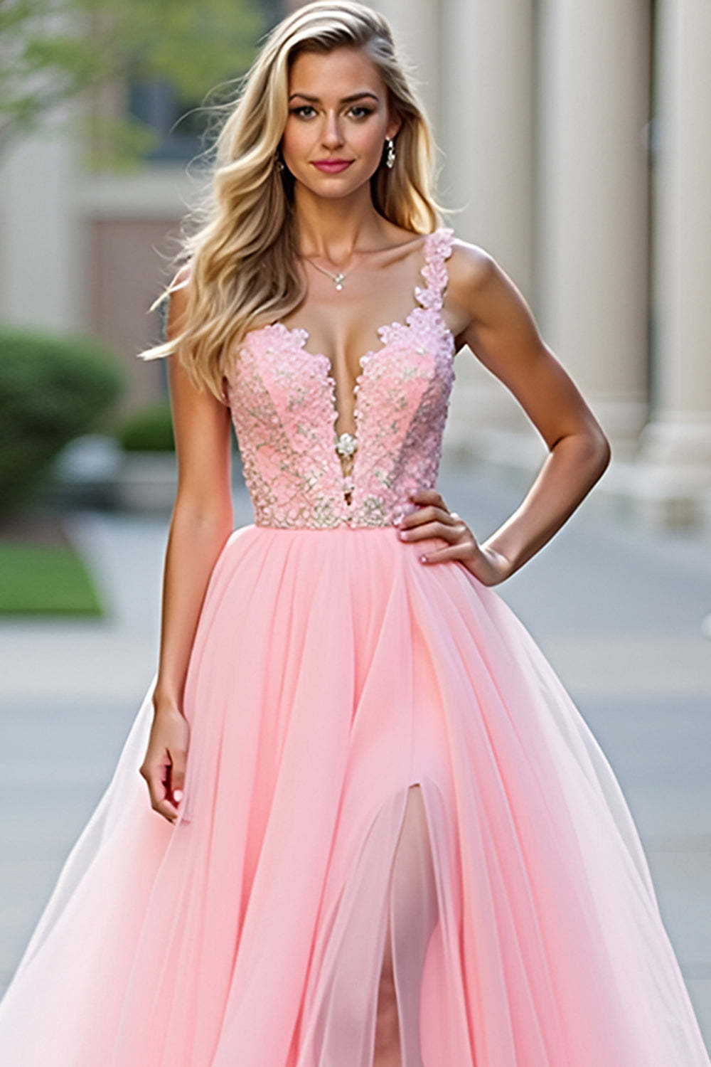Princess Blush Pink Appliqued A Line Long Prom Dress with Slit