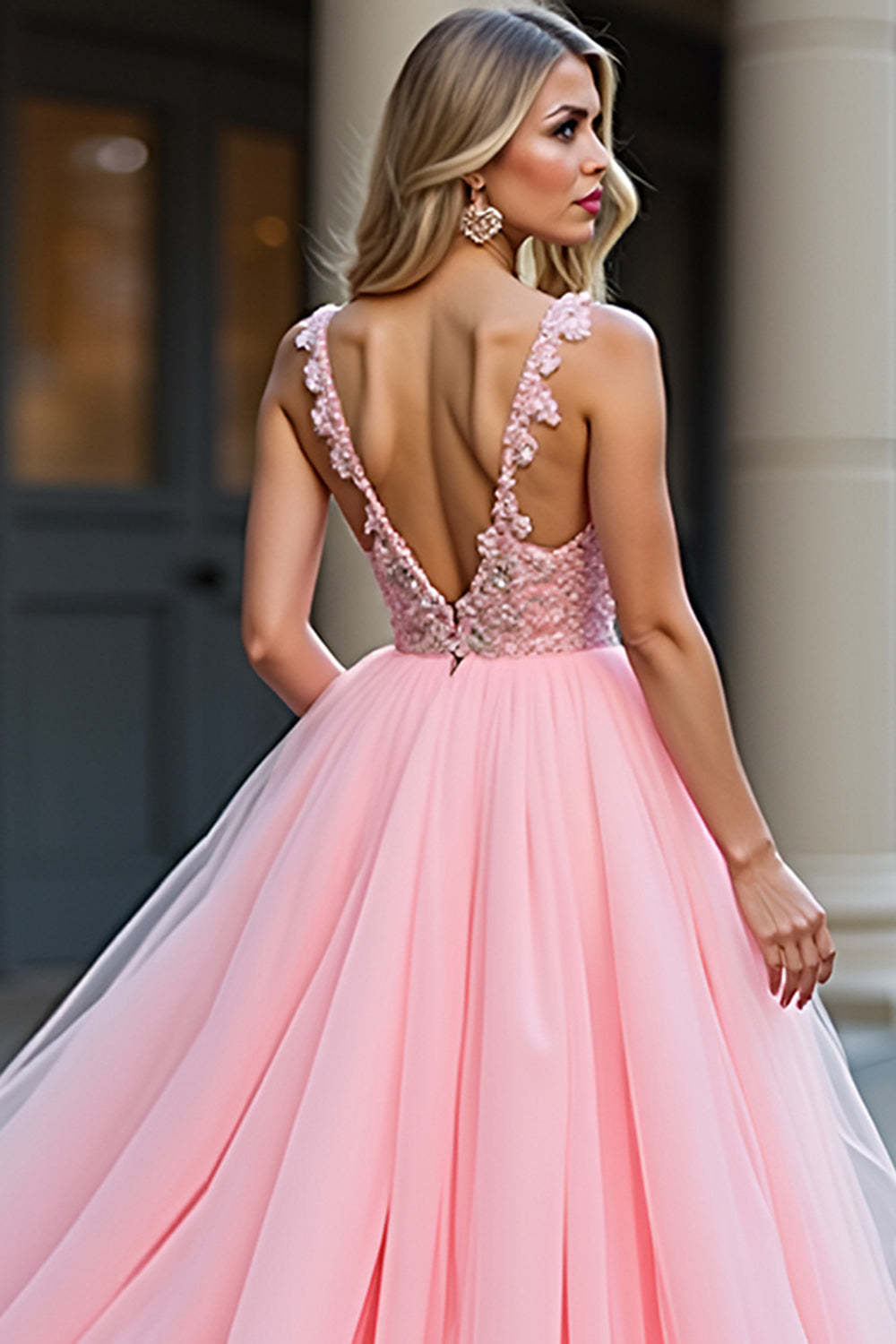 Princess Blush Pink Appliqued A Line Long Prom Dress with Slit