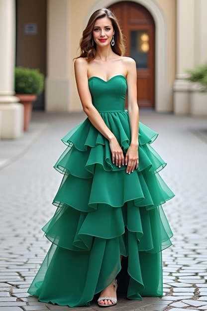 Leely Women Dark Green Tiered A Line Long Prom Dress Strapless Sweetheart Backless Formal Dress