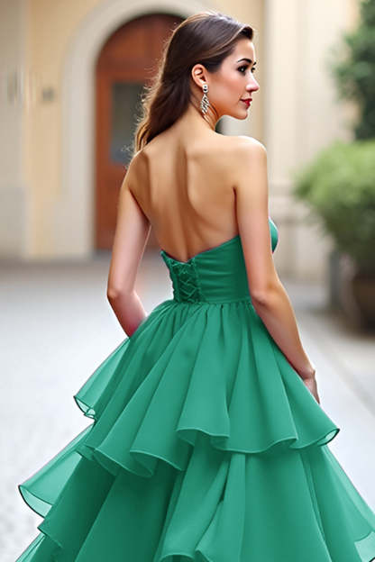 Dark Green Tiered Strapless Sweetheart A Line Long Prom Dress