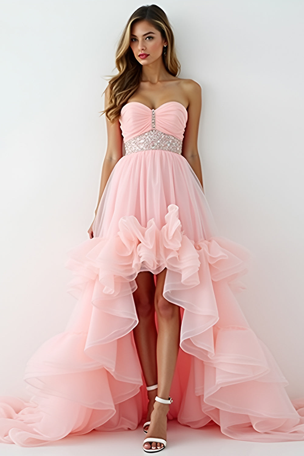 Leely Women Blush Pink A Line Strapless High Low Prom Dress with Ruffles Sweep Train Sweetheart Beaded Formal Dress