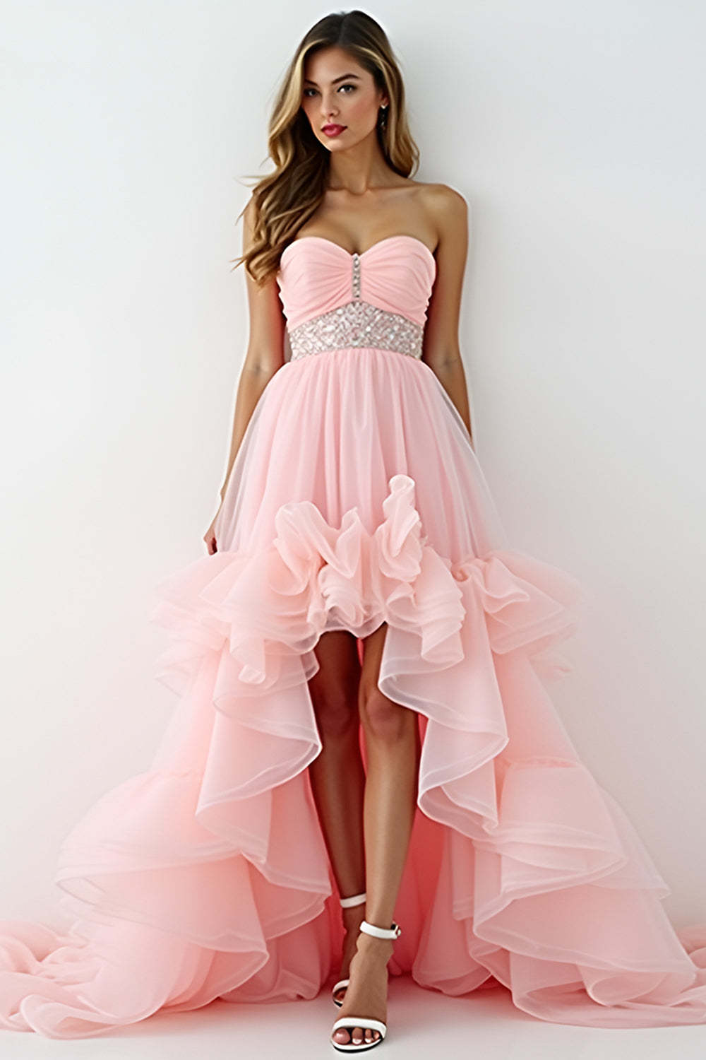 Leely Women Blush Pink A Line Strapless High Low Prom Dress with Ruffles Sweep Train Sweetheart Beaded Formal Dress