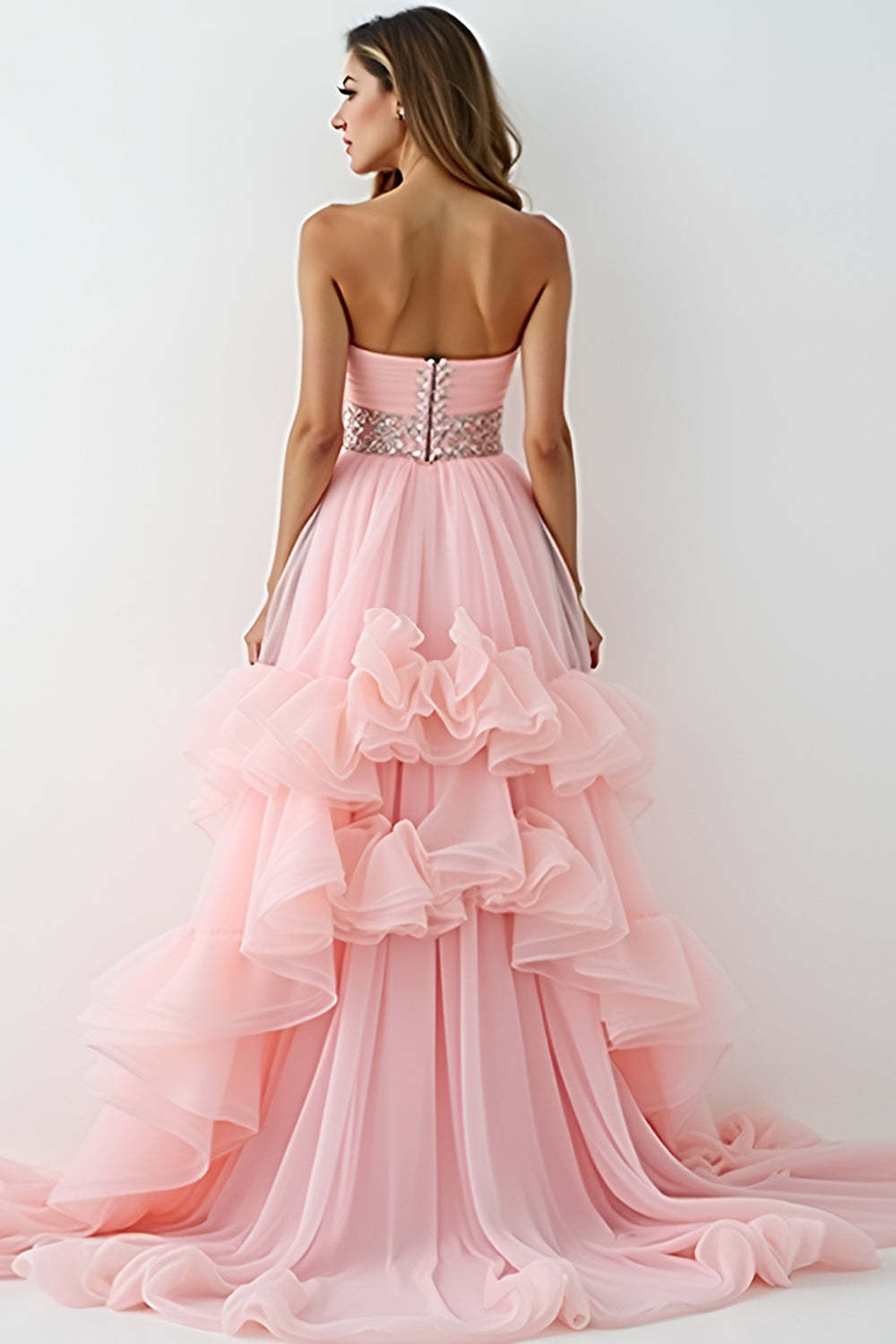 Blush Pink Strapless A Line High Low Prom Dress with Ruffles
