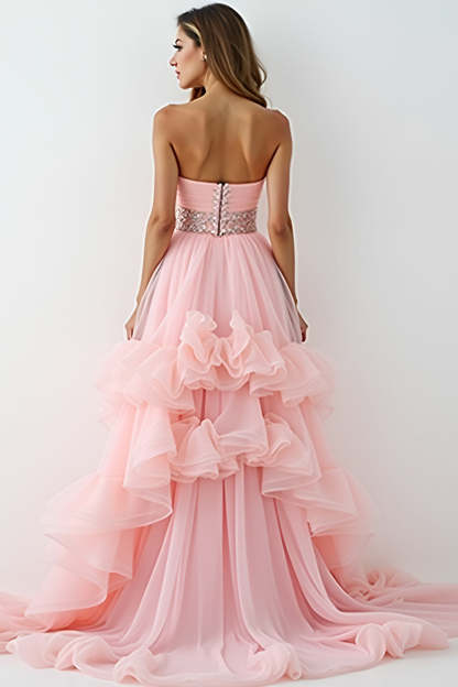 Blush Pink Strapless A Line High Low Prom Dress with Ruffles