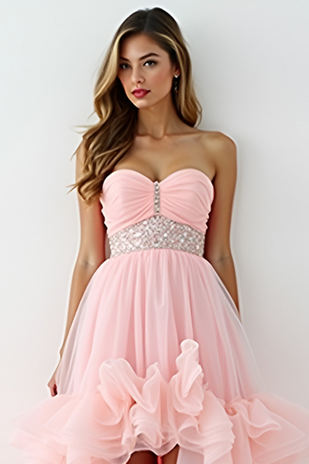 Blush Pink Strapless A Line High Low Prom Dress with Ruffles