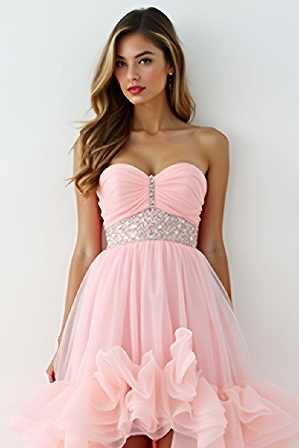 Blush Pink Strapless A Line High Low Prom Dress with Ruffles