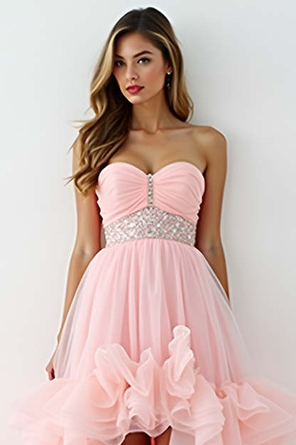 Blush Pink Strapless A Line High Low Prom Dress with Ruffles