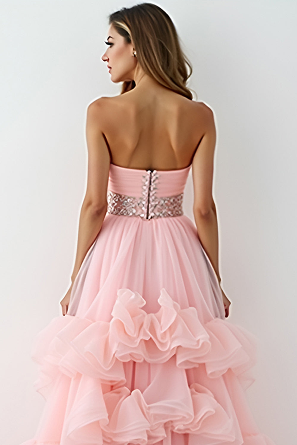 Blush Pink Strapless A Line High Low Prom Dress with Ruffles