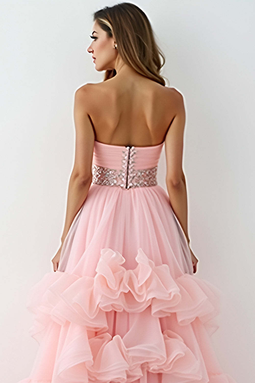 Blush Pink Strapless A Line High Low Prom Dress with Ruffles