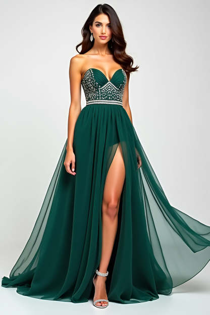 Leely Women A Line Dark Green Corset Long Prom Dress with Beading Sweetheart Tulle Strapless Formal Dress with Slit