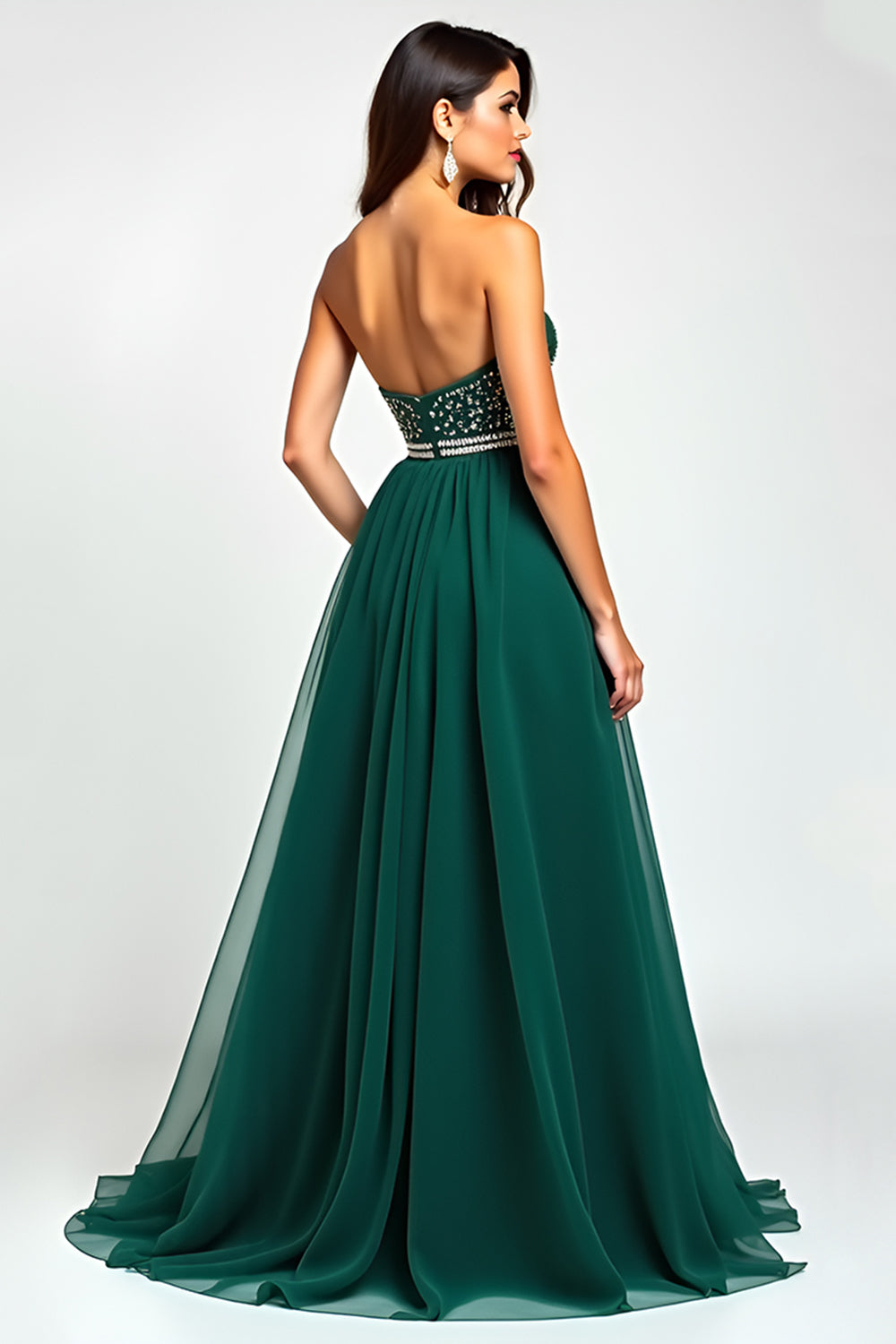 A Line Dark Green Tulle Corset Long Prom Dress with Slit