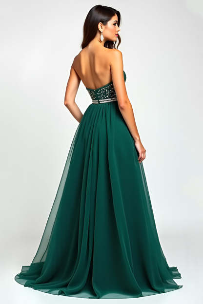 A Line Dark Green Tulle Corset Long Prom Dress with Slit