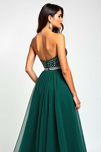 A Line Dark Green Tulle Corset Long Prom Dress with Slit