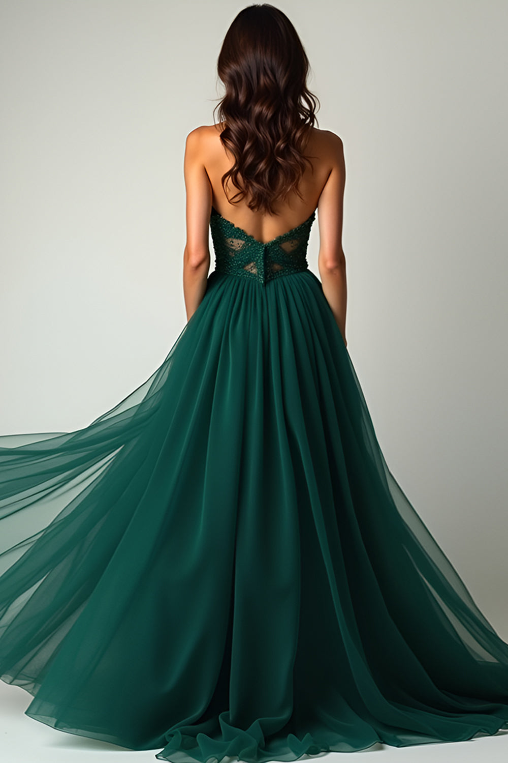 A Line Dark Green Strapless Corset Long Prom Dress with Slit