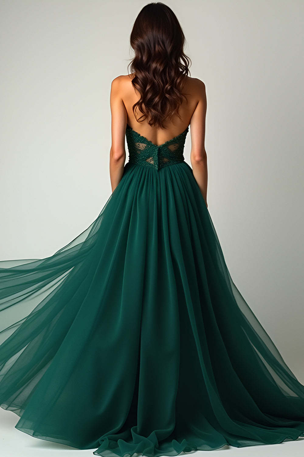 A Line Dark Green Strapless Corset Long Prom Dress with Slit
