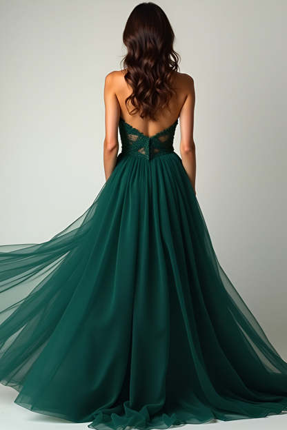A Line Dark Green Strapless Corset Long Prom Dress with Slit