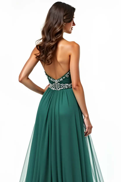 Dark Green A Line Tulle Sweetheart Pleated Long Prom Dress with Slit