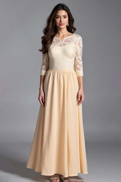 Leely Women Champagne A Line Long Mother of the Bride Dress with Embroidered Illusion Neck Half Sleeve Wedding Guest Dress